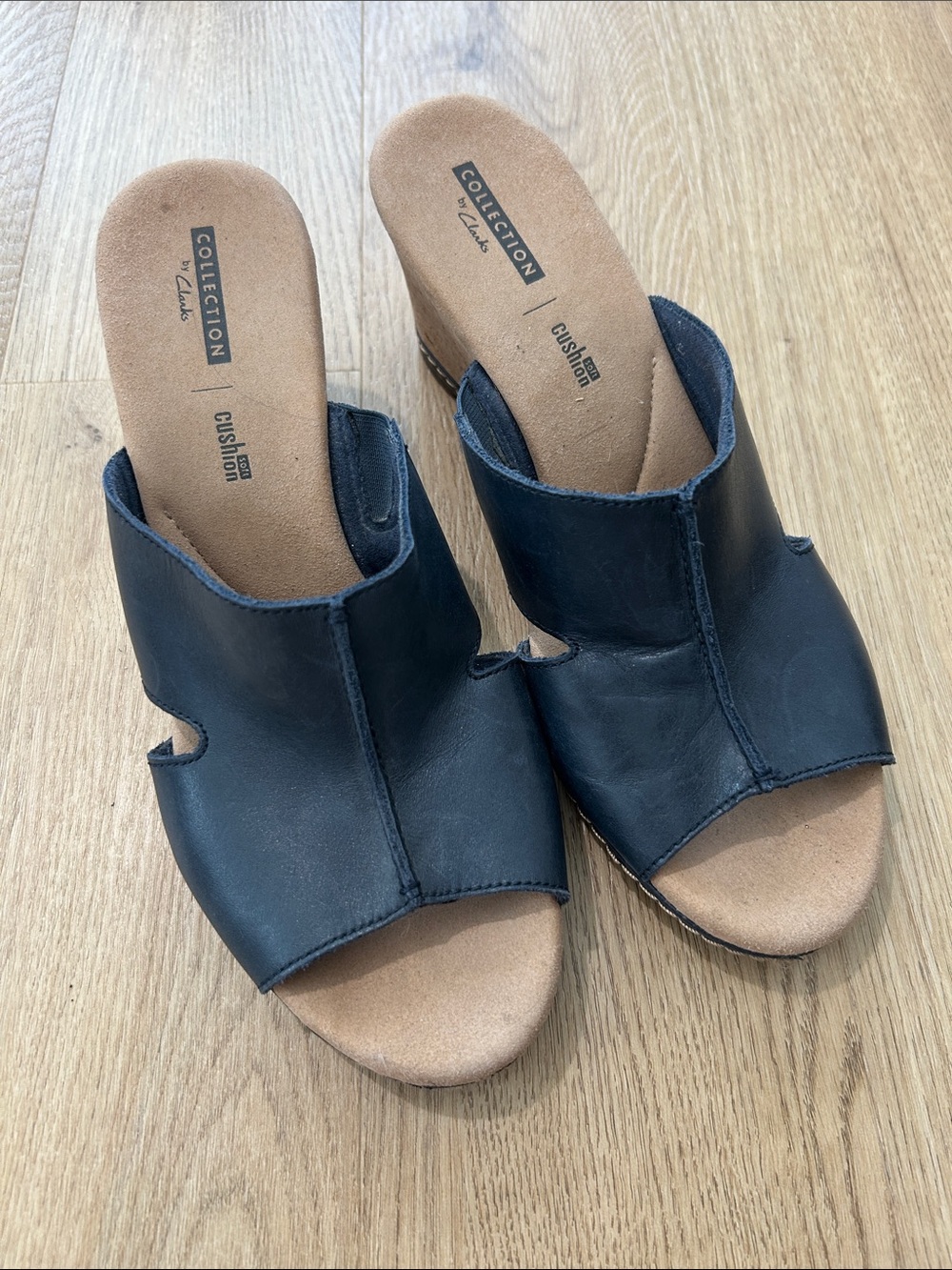 Clarks Black Leather Open-Toe Slide Mules